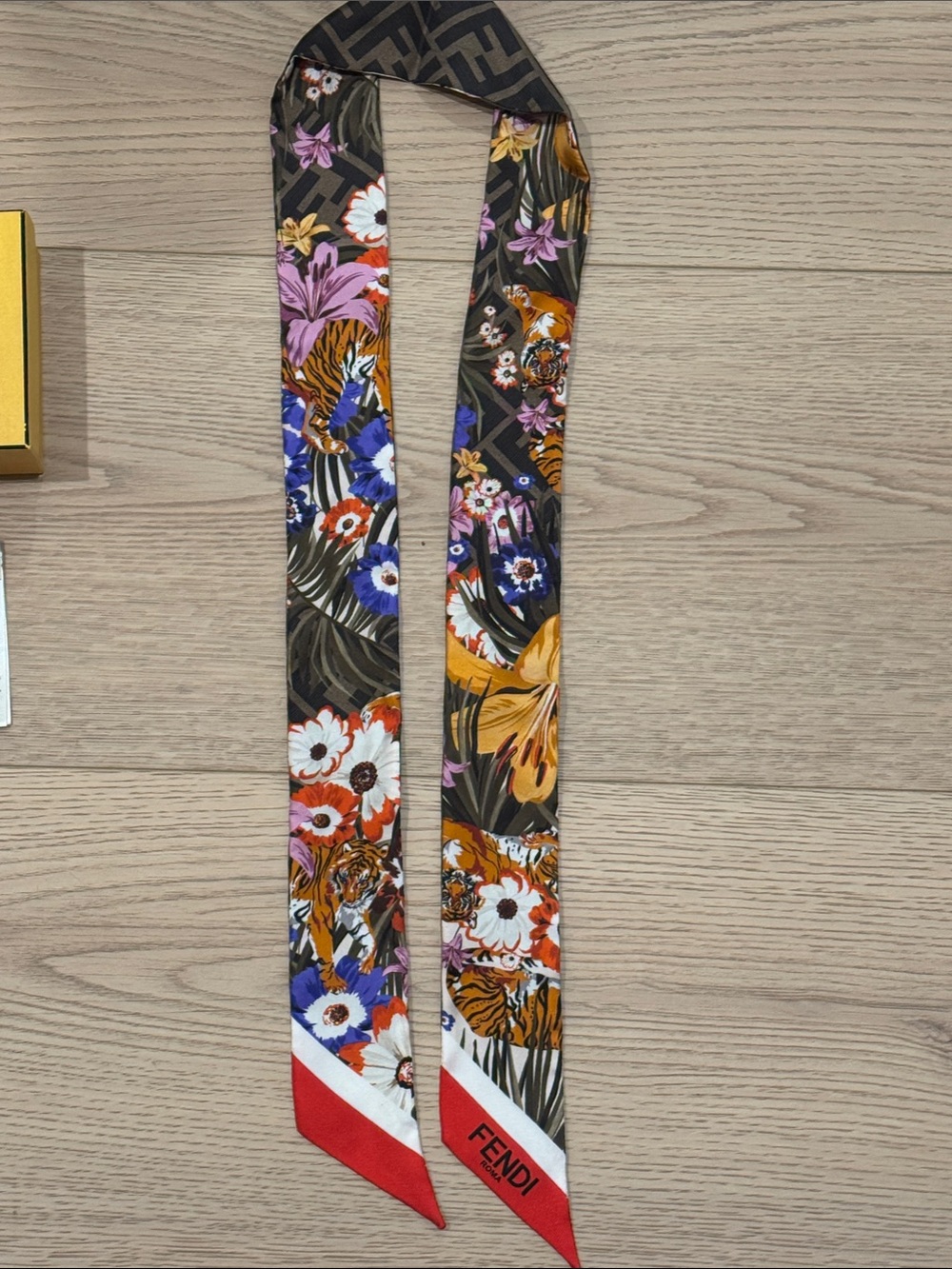 Fendi Brown FF Logo Silk Scarf with Floral & Red Accents